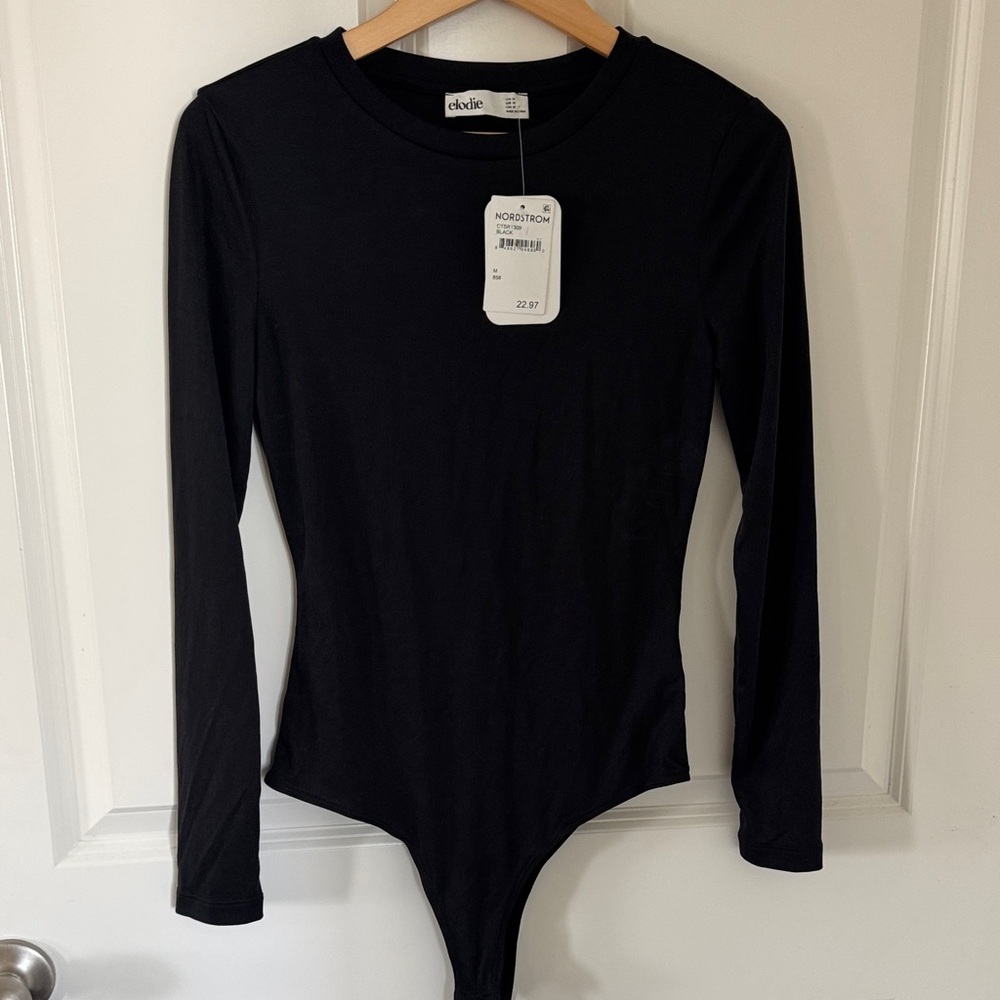 Elodie Black Ribbed Crewneck Long Sleeve Bodysuit
